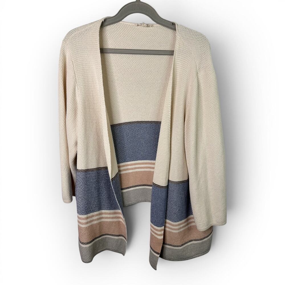 Pure Ulla Popken Womens size 24 Open Knit Striped Cotton Cardigan Coastal